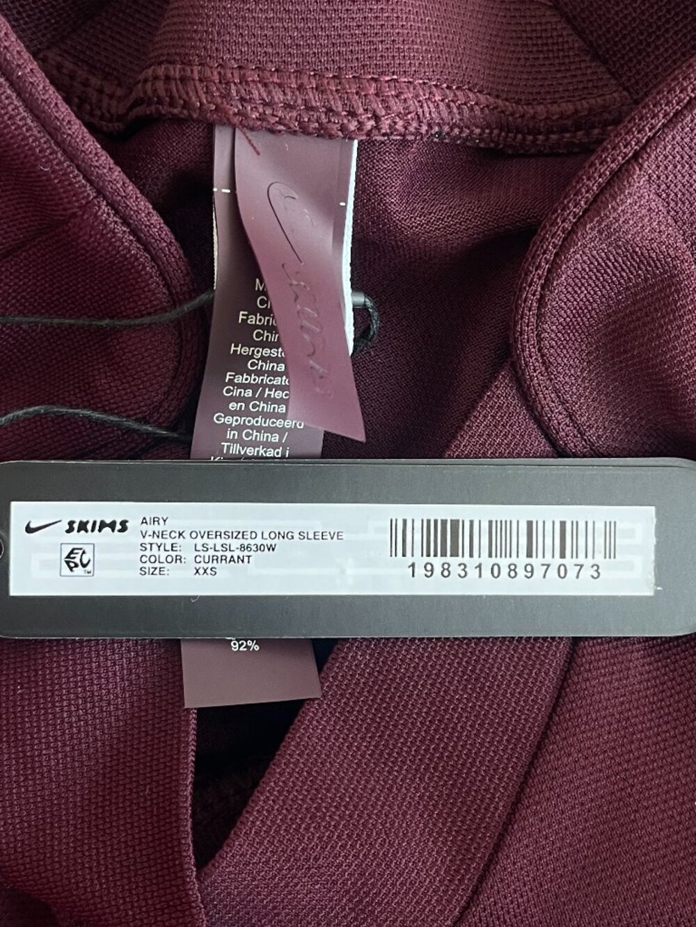 NikeSKIMS AIRY Burgundy V-Neck Oversized Long Sleeve Top - Picture 6 of 6
